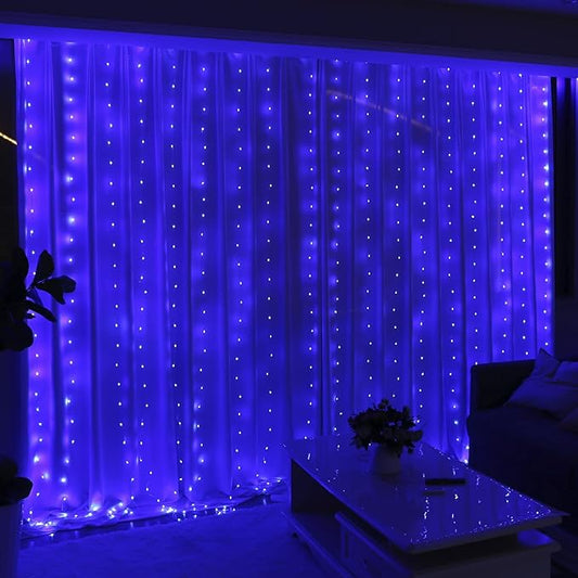 HXWEIYE 300LED Fairy Curtain Lights, 9.8x9.8Ft USB Plug-in 8 Modes Christmas String Hanging Lights with Remote for Bedroom Backdrop Wedding Indoor Wall Decor, Blue, Tangle-Free – 1 Pack