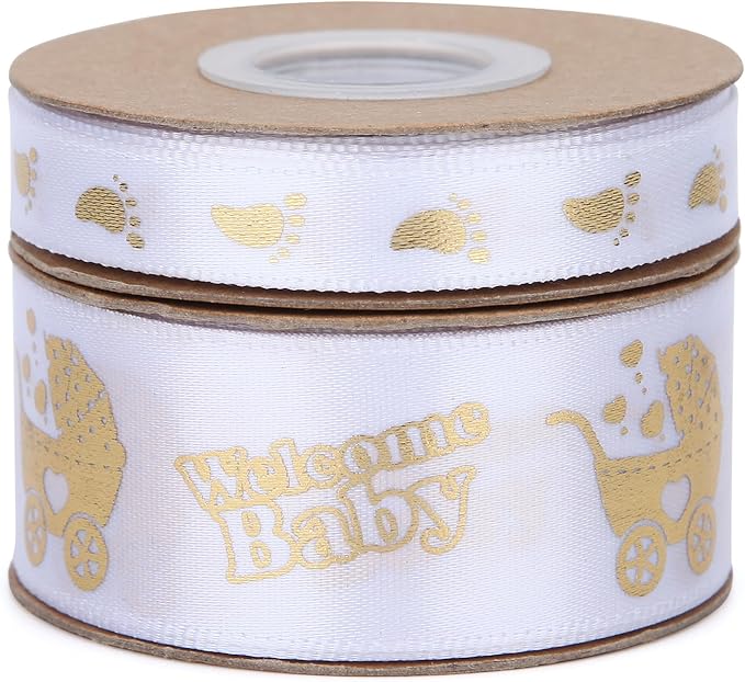Meseey 20 Yards Welcome Baby Ribbon White and Gold Foot Print Ribbons for Crafts Cake Baby Shower Birthday,Gift Wrapping, Party Decoration (1"+3/8", White-wb)