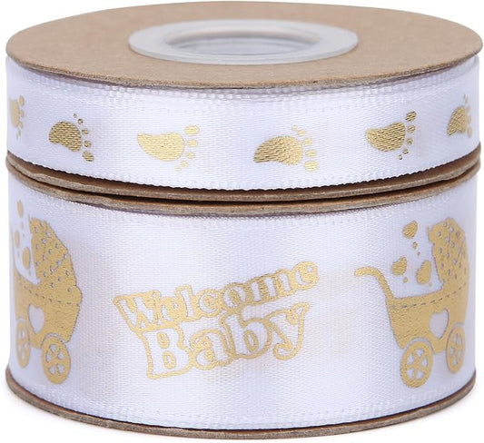 Meseey 20 Yards Welcome Baby Ribbon White and Gold Foot Print Ribbons for Crafts Cake Baby Shower Birthday,Gift Wrapping, Party Decoration (1"+3/8", White-wb)