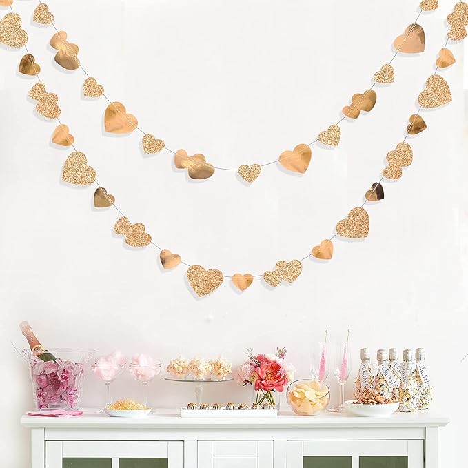 Valentines Day Party Decorations Champagne Gold Heart Banner Hanging Paper Garland Streamer for Anniversary Engagement Wedding Bridal Baby Shower Bachelorette Birthday Mother's Day Hen Party Supplies