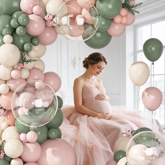 Ouddy Party 149Pcs Pink and Sage Green Sand Balloon Garland Kit Different Sizes 18 12 10 5Inch, 6Pcs 18” Clear Balloons for Baby in Bloom Baby Shower Wedding Birthday Gender Reveal Party Decorations