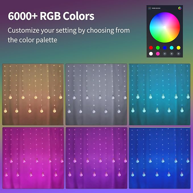 Color Changing Wishing Ball Curtain Lights, 9.8 x 3.3 FT RGB LED Fairy Light with Remote App Control, Music Sync Window Backdrop Wall Hanging Lights for Bedroom Party Halloween Christmas Decoration