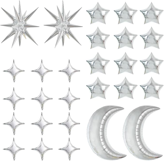 TONIFUL 44pcs Silver Moon Explosion Star Foil Balloons Kit - Large Moon Shape & Star Mylar Foil Balloons for Birthday, Wedding, Baby Shower, Anniversary & Engagement Parties