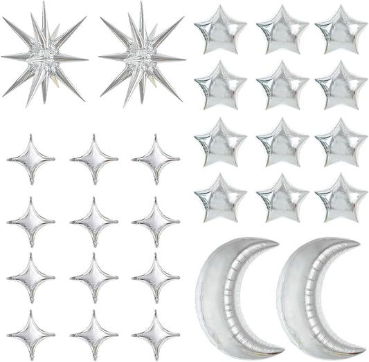 TONIFUL 44pcs Silver Moon Explosion Star Foil Balloons Kit - Large Moon Shape & Star Mylar Foil Balloons for Birthday, Wedding, Baby Shower, Anniversary & Engagement Parties