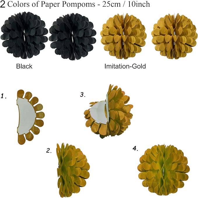 ZERODECO Black and Gold Party Decorations, Confetti Balloons Decorative Folding Fans Paper Pompoms Triangle Bunting Flags Garlands for Graduation Wedding Birthday Photo Backdrop Party Decorations