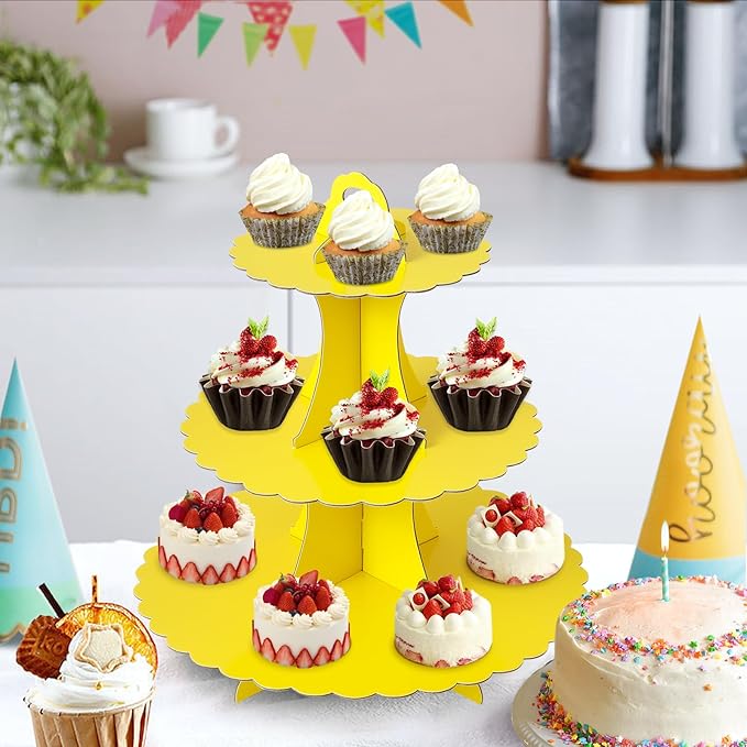 Soleebee 3-Tier Cupcake Stand, Cardboard Cupcake Tower, Dessert Cup Cake Stand Tower for Birthday Wedding Party Decoration, Cupcake Tier Stand 2 Set (Yellow)