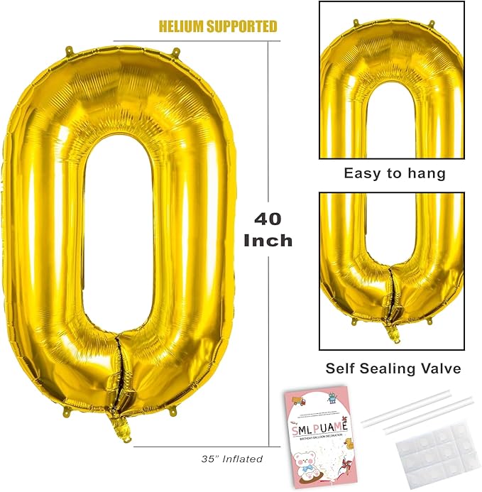 40 inch Number Balloon 0-9 Gold Large Number 0 Balloons,Digital Balloons for Birthday Party Celebration Decorations Supplies, Helium Foil Number Balloons for Wedding Anniversary