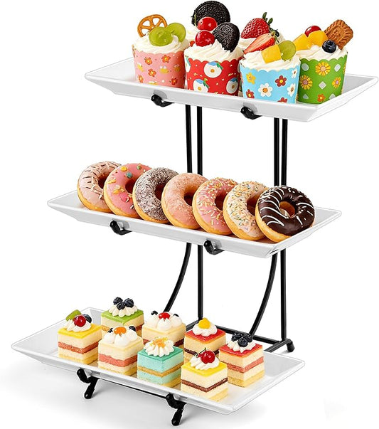 3 Tier Serving Tray Set – 12 Inch Porcelain Serving Platters with Pre-Assembled Black Metal Stand, No Installation Required, Tiered Tray for Dessert Fruit Food Display and Party Entertaining