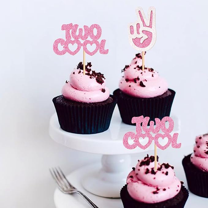 Ercadio 24 Pack Two Cool Cupcake Toppers Glitter Pink Two Cool Happy 2nd Birthday Cake Picks Baby Shower Kids Second Birthday Party Cake Decorations