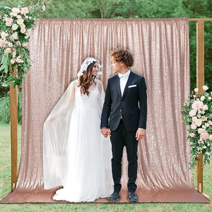 PartyDelight Rose Gold Sequin Backdrop 6x8ft - High Density 3mm Shimmer Sequin Background with 4-Inch Rod Pocket Sparkly Photography Curtain for Birthday, Wedding, Bridal Shower & Live Decor
