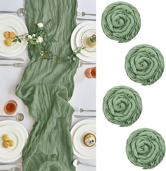IVAPUPU 4 Pcs Cheesecloth Table Runner - 10ft Sage Green Spring Boho Gauze Cheese Cloth Table Runners for Baby Shower Decorations Wedding Party Garden Farmhouse