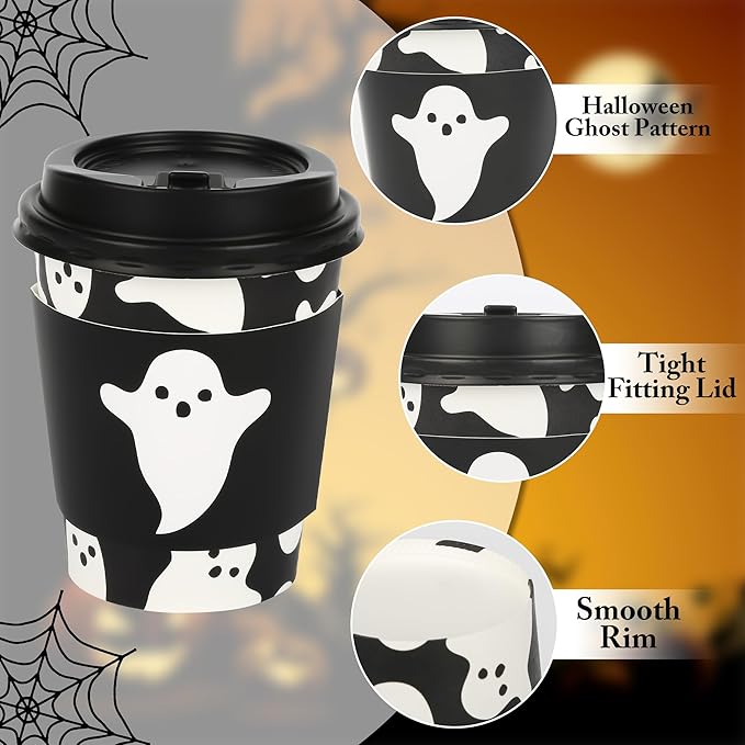 AimFun 50Pcs Halloween Ghost Disposable Coffee Cups with Lids and Sleeves 8oz Ghost Spooky Paper Party Cups Black White Boo Cold Hot Drinking Cups for Birthday Halloween Party Supplies (Black Ghosts)