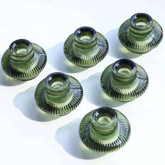 VOHO 12pcs Green Candlestick Holders for Christmas Decorations, Ribbed Candle Holders Stackable for Different Heights, Dual-Sided Taper Candle Holders & Tealight Candle Holder for Table Centerpiece