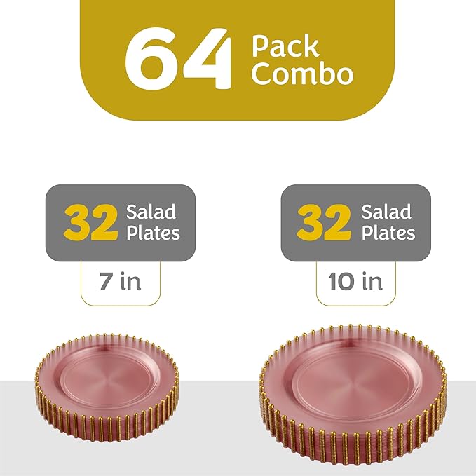 PLASTICPRO 64 Piece Combo Plastic Dinner Plates Disposable Plastic Fancy Heavy Duty Party Dishes 7 inch and 10 inch, Translucent Rose and Gold Beaded