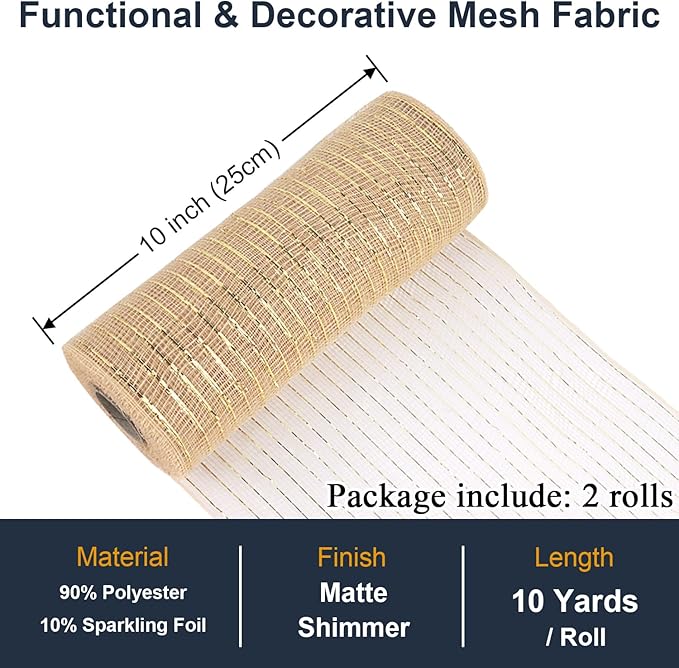 2 Pcs Champagne Gold Deco Mesh Ribbon Rolls 10 Inch 10 Yards(30 ft) Decorative Mesh Fabric with Foil for Wreaths Christmas Tree Ribbon Door DIY Craft Halloween Decor Wedding Party Supplies, Champagne