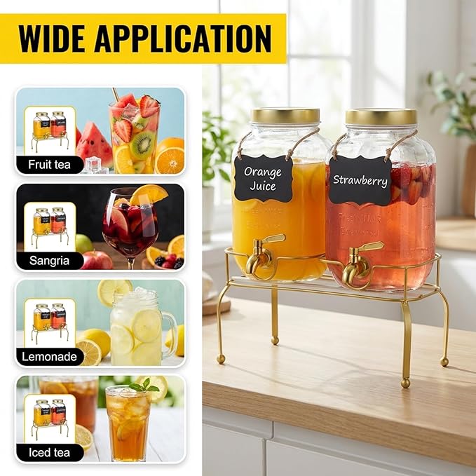 1 Gallon Glass Drink Dispenser Set of 2 – Drink Dispensers for Parties, Beverage Dispenser with Stand & 100% Leakproof Spigot, Ideal for Lemonade, Juice, Laundry Detergent Dispenser