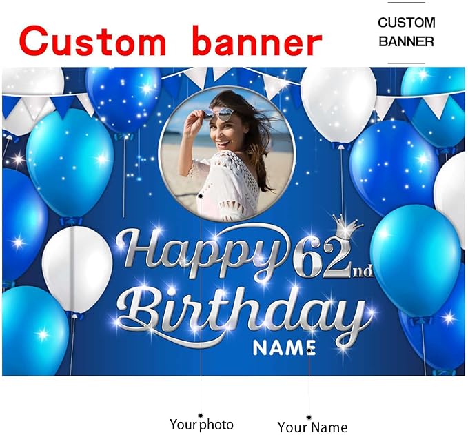 Custom Happy 62nd Birthday Decoration Banner - Personalized Navy Blue Birthday Party Banner in Large Sizes-Custom Photos and Names