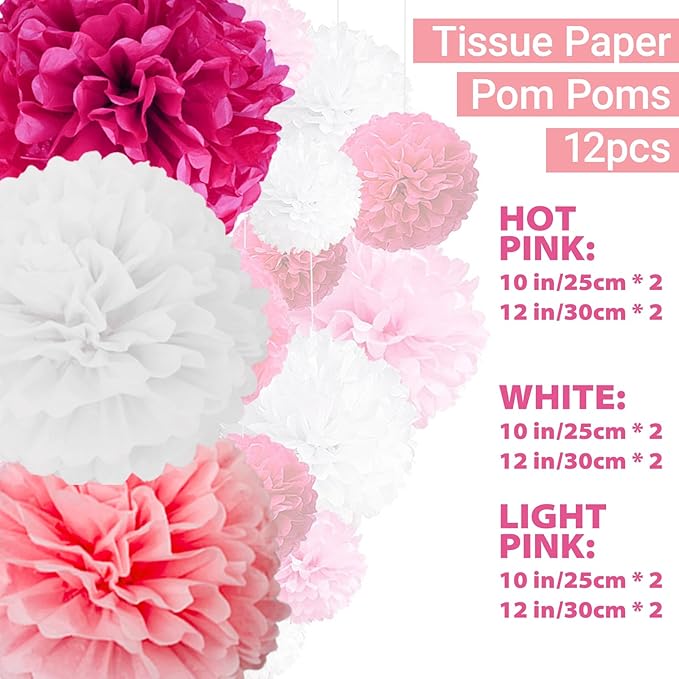 Capesaro Pink Paper Pom Poms - 10",12" Tissue Pom Poms Decorations for Bachelorette Baby Shower Girl Party Hanging Decor - 12 Piece Set