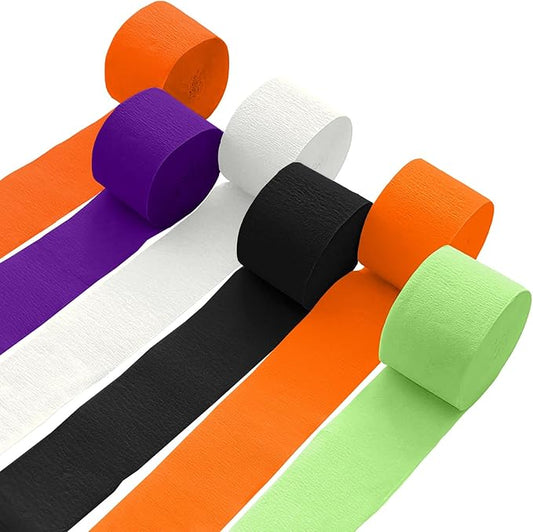 6 Crepe Paper Streamers Rolls, 492ft Black Orange Purple Green and White Streamers Party Supplies for Halloween Theme Horror Party Birthday Wedding Backdrop Decorations (1.8 inch x 82 ft/Roll)