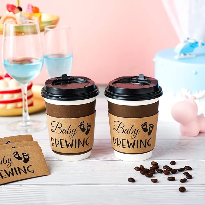 Newtay 50 Counts Baby Is Brewing Coffee Sleeves, Disposable Kraft Paper Cup Sleeves for Baby Shower, Gender Reveal, Halloween Party Decorations, Fits 12 16 or 20 oz Hot Cold Drinks Paper Cup(Playful)