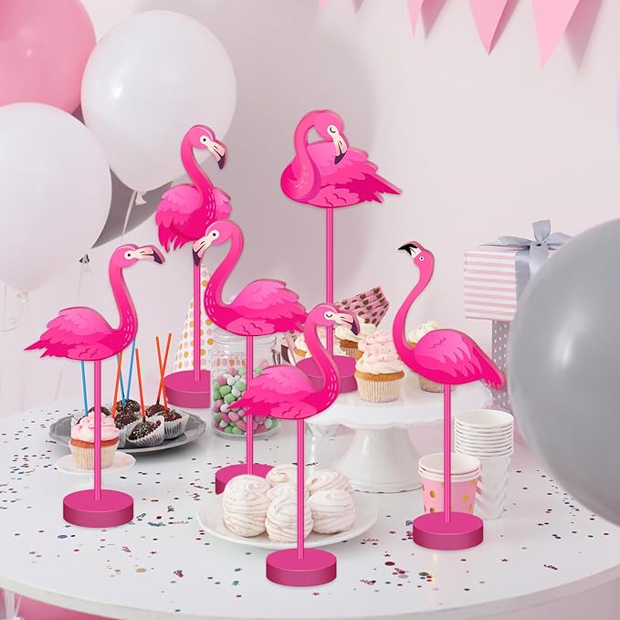Geelin 10 Pcs Flamingo Table Decor Summer Pink Flamingo Party Decoration Table Sign Centerpiece Hawaiian Tropical Wood Tall Standing Block Bird Topper Sign for Office Desk Home Tier Tray Holiday Party