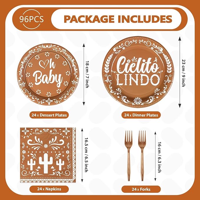 96Pcs Brown Cielito Lindo Party Decorations Mexican Fiesta Plates and Napkins Cielito Lindo Baby Shower Tableware Set for Cinco De Mayo Baby Shower Mexican Talavera Birthday Party Supplies, Serves 24