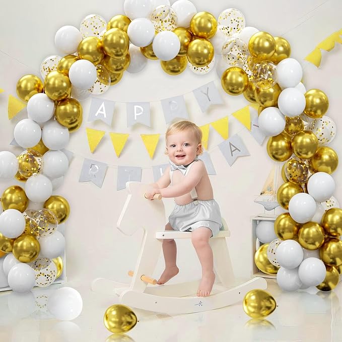 62pcs Gold White Balloons Kit - 12 Inches Gold White Confetti Party Decoration Balloons for Graduation Baby Shower Birthday Wedding Party Decorations Supplies