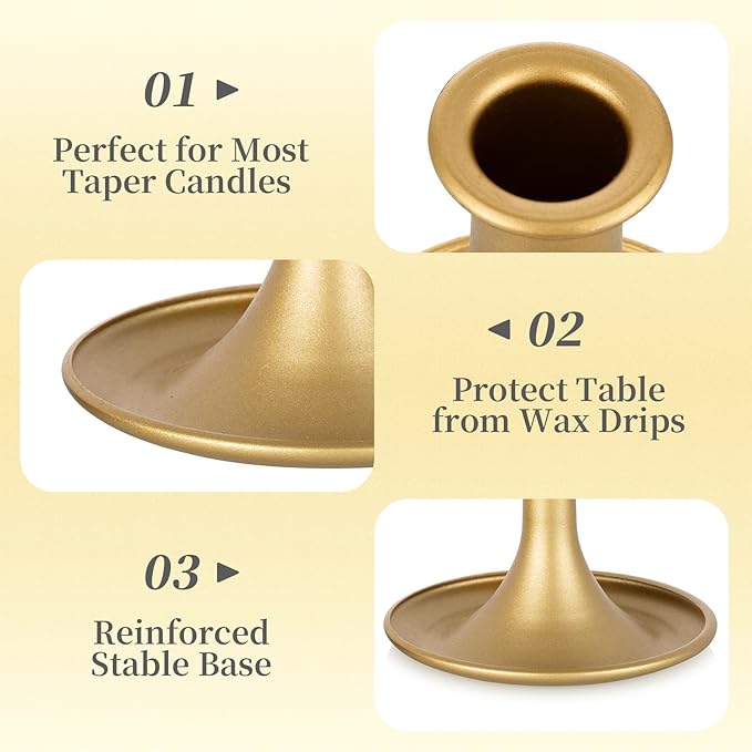 Gold Taper Candle Holder Set of 6, Hewory Short Skinny Brass Candlestick Holders, Vintage Small Low Metal Candles Sticks for Wedding Centerpieces Christmas Birthday Party Holiday Dining Table Decor
