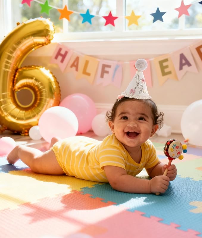Bow Half Birthday Hat for Her – Pink 1/2 Crown, Half Way to One Bday Baby Girl Party Hat Decor, Cake Smash Outfit