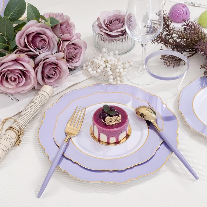 WDF 60pcs Purple Plates Disposable with Gold Rim - Baroque Light Purple Plastic Plates - Lavender Plates for Spring/Wedding/Birthday