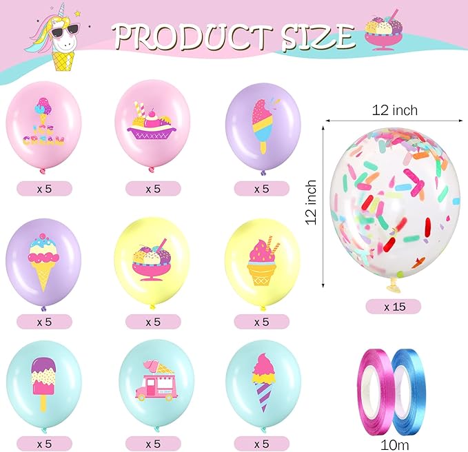60 Pack Ice Cream Party Balloons Decorations, 12 Inch Sprinkles Party Confetti Latex Balloons for Kids Sweet Summer Ice Cream Birthday Party Baby Shower Supplies