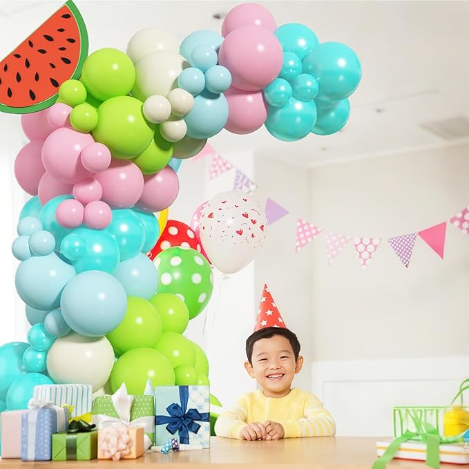 HILAVO Summer Tropical Balloon Arch Kit Hawaiian Pearl Teal Blue Lime Green Pastel Pink Blue Ivory Colorful Balloons Garland for Hawaiian Luau Aloha Pool Beach Birthday Baby Shower Party Decorations