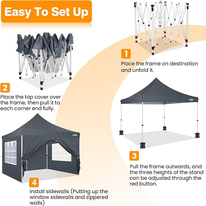 COBIZI 10x10 Pop Up Canopy with 4 Sidewalls, Canopy Tent 10x10 for Parties, Backyard, Commercial, Waterproof and Portable Instant Shelter UV50+ Outdoor Gazebo with 4 Sandbags(Light Gray)
