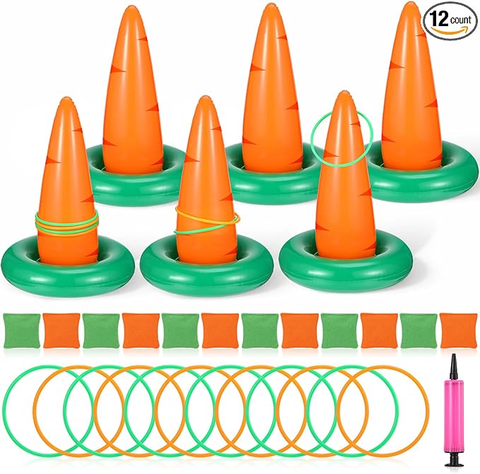 Seenelling Easter Carrots Inflatable Ring Toss Game for Adults Family, Indoor Outdoor Party Easter Game Party Decorations Cute Fun with 6 Cones 12 Rings 12 Bean Bags 1 Air Pump