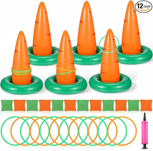 Seenelling Easter Carrots Inflatable Ring Toss Game for Adults Family, Indoor Outdoor Party Easter Game Party Decorations Cute Fun with 6 Cones 12 Rings 12 Bean Bags 1 Air Pump