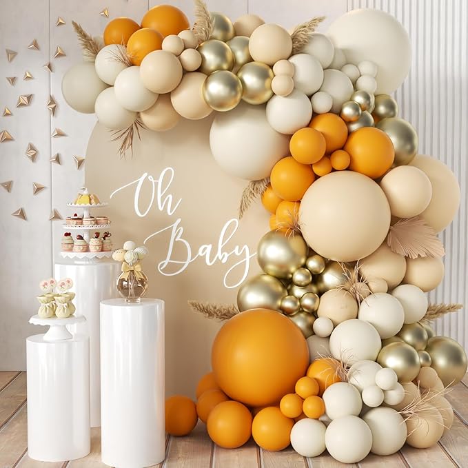 MEBAY Orange White Nude Gold Balloon Arch Kit, 166Pcs Dusty Orange White Sand Metallic Gold and Nude Balloons for Birthday Party Baby Shower Bridal Shower Wedding Decorations