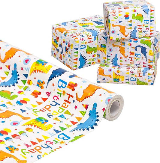 Viadom Birthday Wrapping Paper,Gift Wrapping Paper Roll,Dinosaur Wrapping Paper-17 inch X 50 Feet Per roll,Colorful Happy Birthday Pattern For Boys Girls, Perfect For Birthdays Party, Baby Shower