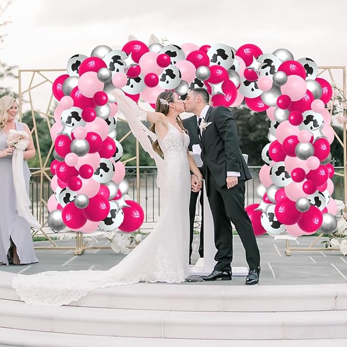 Pink Silver Balloon Garland Arch Kit - Rose Red Hot Pink Silver Balloons Cow Print Balloon for Western Cowgirl Birthday Bridal Shower Wedding Bachelorette Party Decorations