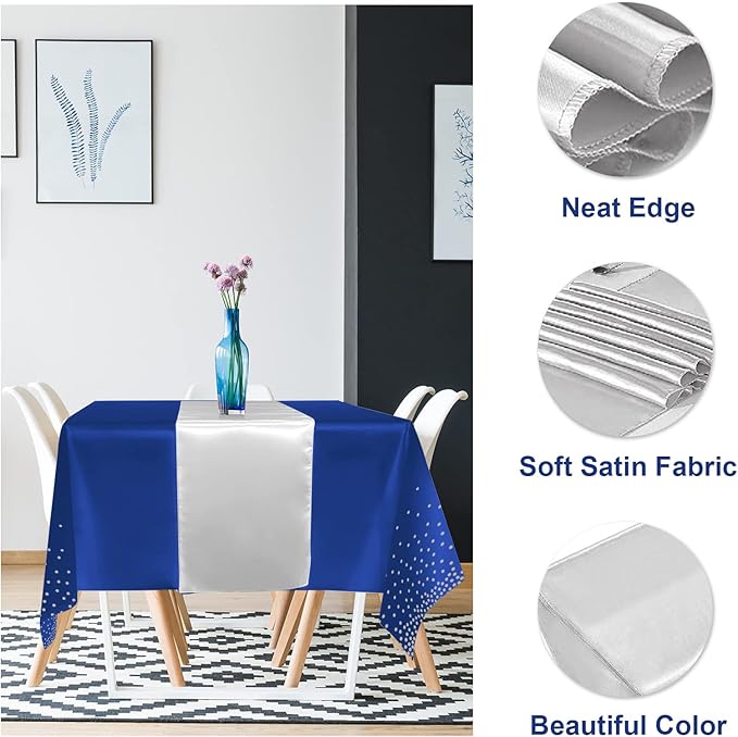24Pack Disposable Plastic Tablecloths and Satin Table Runner Set Blue and Silver Dot Tablecloth Silver Satin Table Runner for Wedding Birthday Baby Shower Anniversary Christmas New Year Party Supplies