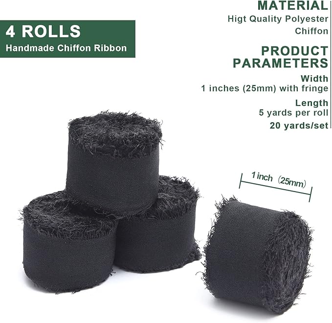 4 Rolls Black Handmade Fringe Chiffon Silk Ribbon 1" W x 5Yd Per Roll,Frayed Edges Ribbon Set for Gifts Wrapping,Wedding Invitations,Bouquets,DIY Crafts (1" x20Yd, Black)