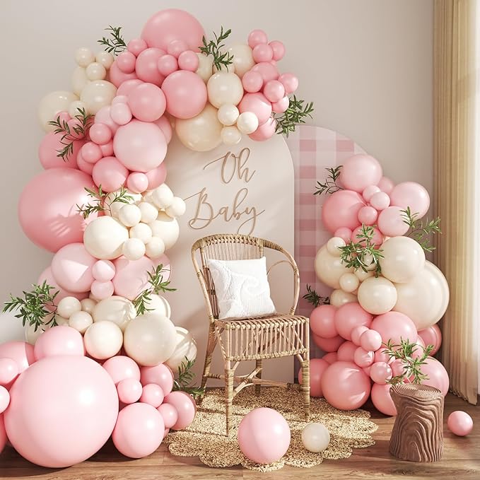 Pink Balloon Arch Kit 124Pcs Pink and White Balloon Arch Garland Kit Pastel Pink Light Pink Sand White Balloons for Baby Shower Bridal Shower Wedding Anniversary Birthday Party Decorations
