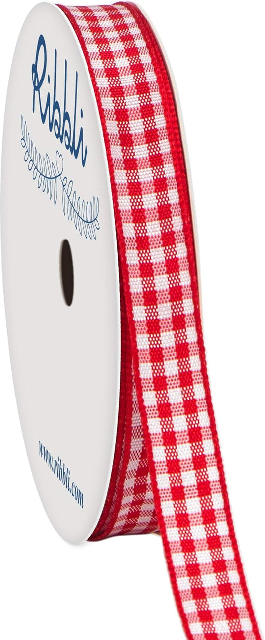 Ribbli Red and White Gingham Ribbon,Polyester Woven Edge,3/8 Inch x 10 Yard,Plaid Ribbon Use for Gift Wrapping,Party Decoration(Red 1)