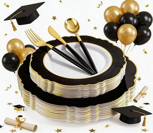 WDF 30Guest Black and Gold Plastic Plates - Gold Plastic Silverware With Black Handle Baroque Black and Gold Disposable Dinnerware for Graduation/Wedding/Party/Birthday