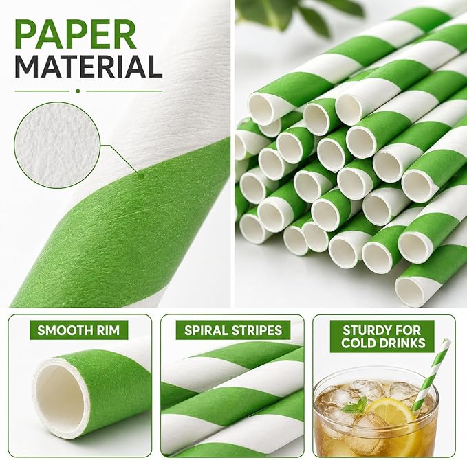 100 Pack Green and White Striped Paper Straws, 7.75 Inch Disposable Drinking Straws for Birthday Party, Baby Shower, St. Patrick’s Day, Garden Party, Wedding, Party Decorations