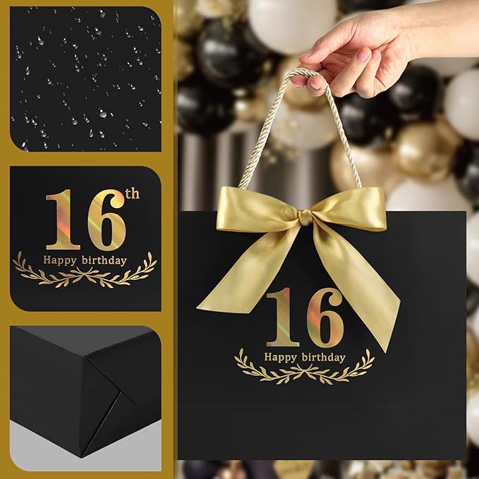 JMANNI Black Gold 16th Birthday Gift Bag with Card and Tissue Paper, 12.6"×9.84"×3.9" Elegant Present Bag for Teens, 16 Year Old Birthday Keepsake Party Supplies
