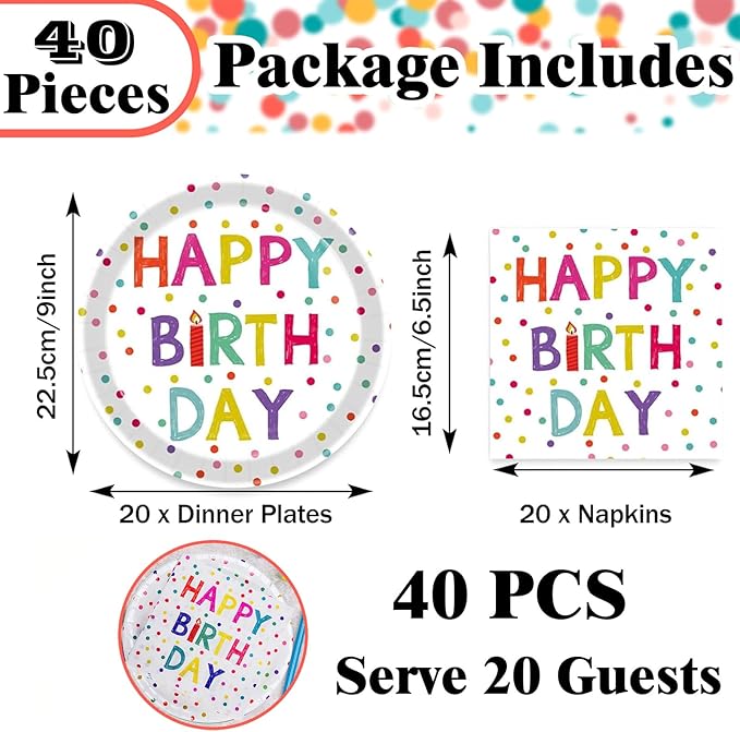 40 Pcs Birthday Plates and Napkins Party Supplies,9-inch Disposable Happy Birthday Dots Dinner Paper Tableware Set for Baby Shower,Party Decoration Serves 20