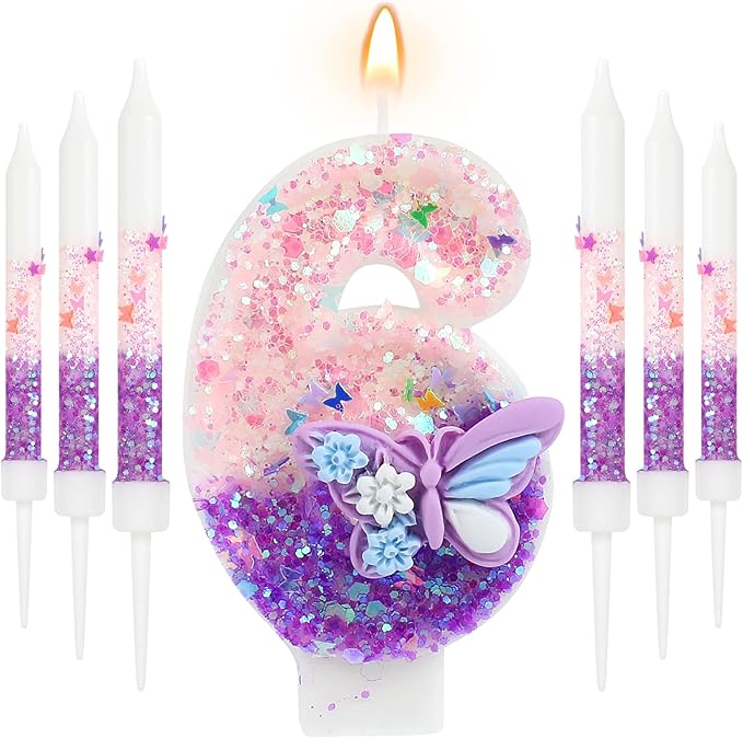 AKURIEEY Butterfly 6th Birthday Candle Purple Number 6 Candle with 6 Pcs Long Candles for Girls Cake Topper Cupcake Decor Party Decoration Anniversary Celebrations Supplies