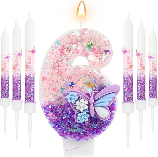 AKURIEEY Butterfly 6th Birthday Candle Purple Number 6 Candle with 6 Pcs Long Candles for Girls Cake Topper Cupcake Decor Party Decoration Anniversary Celebrations Supplies