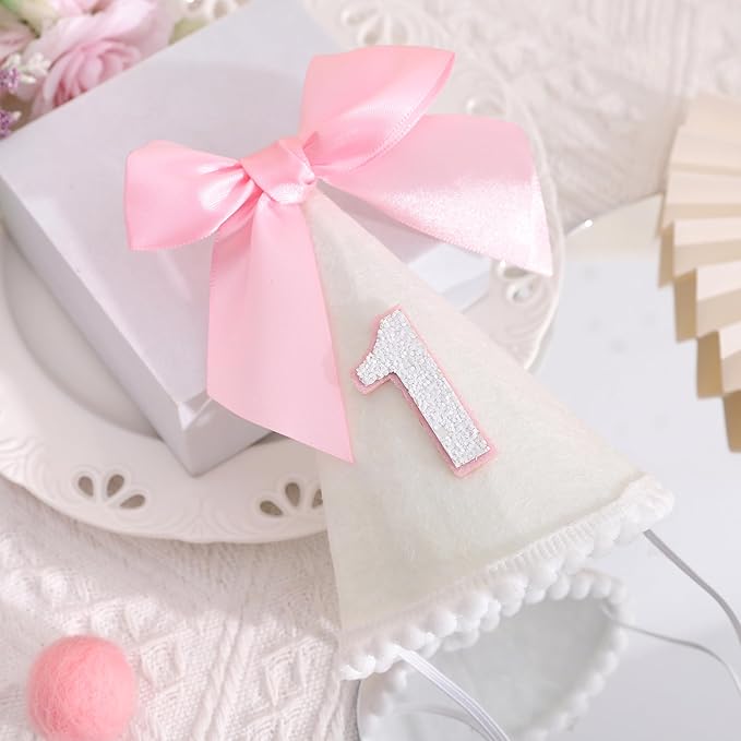Pink Bow 1/2 Birthday Hat- Pink half Birthday hat, Princess 1st Birthday Supplies,Half Birthday Decorations for Girls