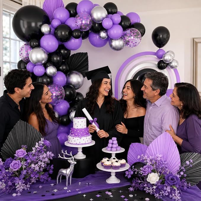 Black Purple Balloons Arch Kit,BTZO Metallic Silver Purple Confetti Balloon for Birthday Wedding Bridal Shower Graduations Party Decorations